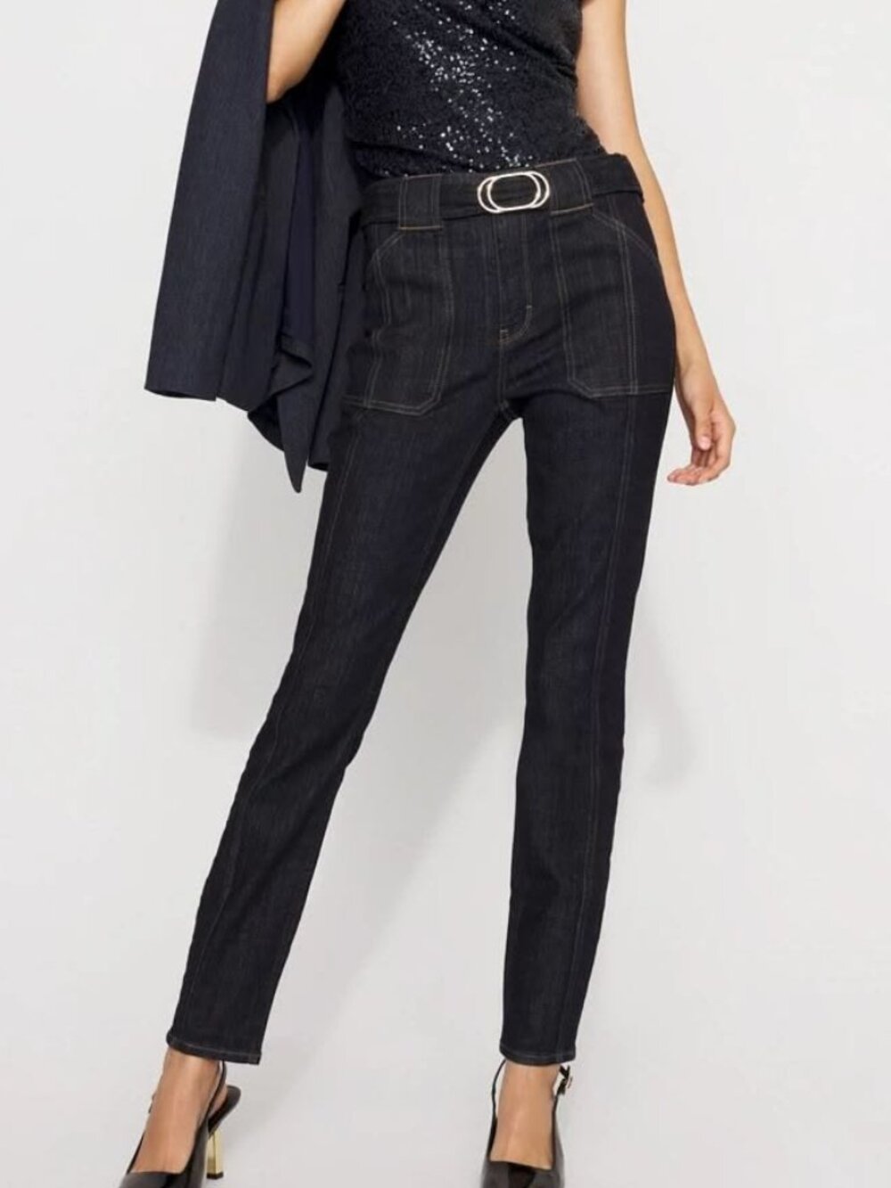 White House Black Market Women's Belted High Rise Skinny Jean Midnight Size 12